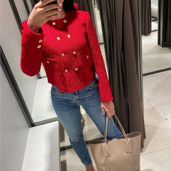 ZARA Double Breasted Blazer Lady Jacket Red Textured Tweed Boucle Size Medium - Picture 1 of 16